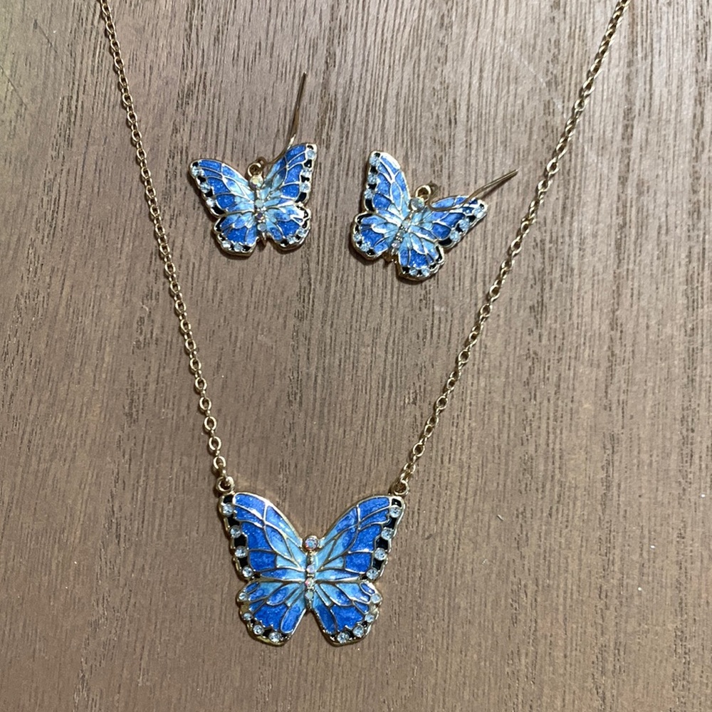 Blue and gold enamel butterfly necklace and earrings